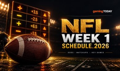 Dark calendar grid with four highlighted days, a gold star and a football for the NFL Week 1 2026 schedule