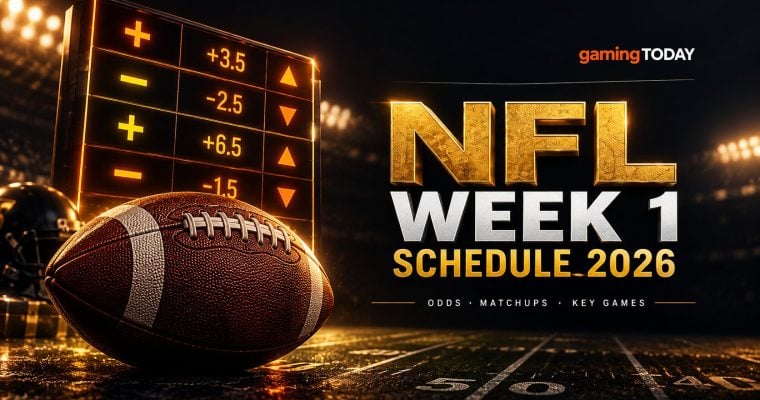 Dark calendar grid with four highlighted days, a gold star and a football for the NFL Week 1 2026 schedule