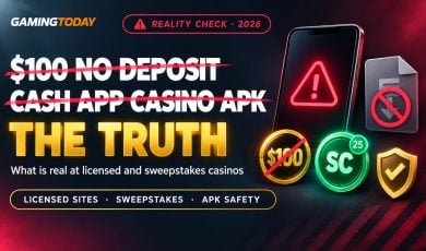 Phone with a warning triangle, a crossed-out file icon and a green sweeps coin beside a crossed-out price tag for the $100 no deposit casino APK reality check