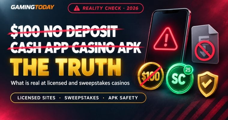 Phone with a warning triangle, a crossed-out file icon and a green sweeps coin beside a crossed-out price tag for the $100 no deposit casino APK reality check