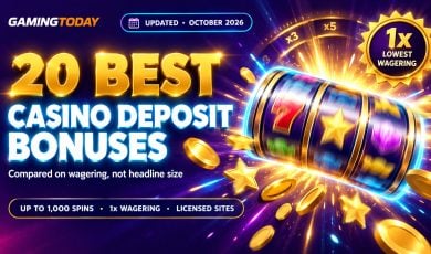 Spinning gold slot reel bursting with coins and stars on purple for the 20 best online casino deposit bonuses
