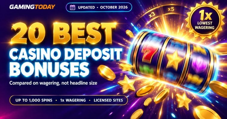 Spinning gold slot reel bursting with coins and stars on purple for the 20 best online casino deposit bonuses