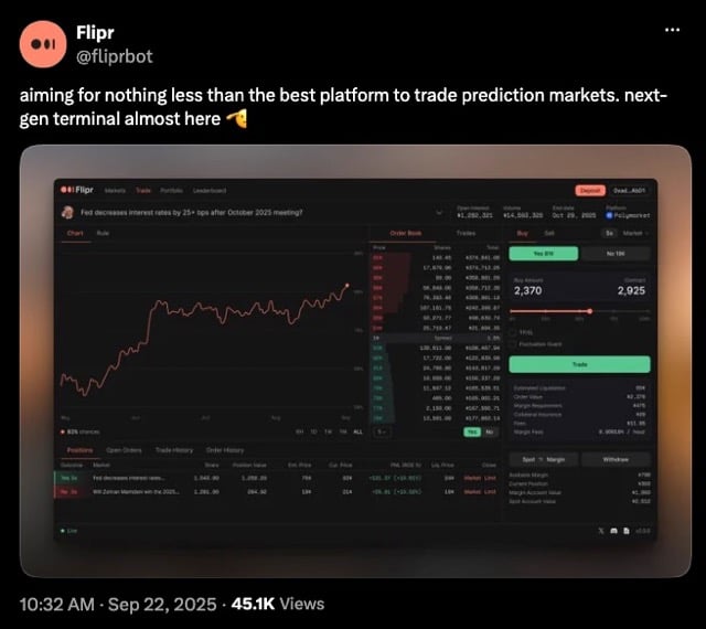 Flipr’s web trading terminal showing a prediction market chart, order book and trade panel.