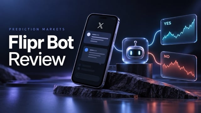 Flipr Bot Review graphic showing an X messaging screen connected to a trading bot and YES and NO market charts.