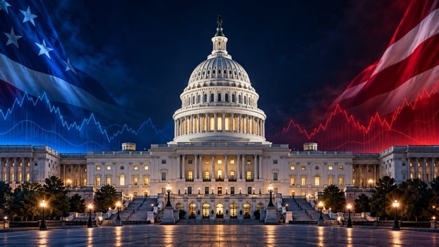 U.S. Capitol framed by American flags and red and blue market lines.