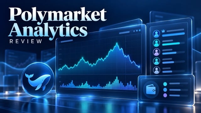 Polymarket Analytics review illustration featuring market charts, trader rankings, a whale icon and wallet data.