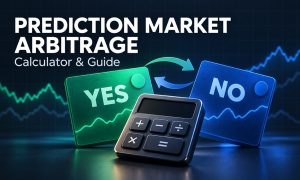 YES and NO prediction market cards connected by arrows, with a calculator against a dark blue background.
