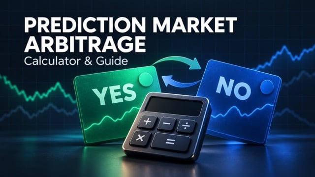 YES and NO prediction market cards connected by arrows, with a calculator against a dark blue background.