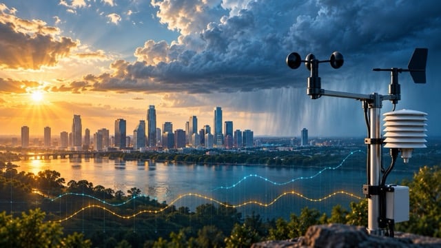 Weather station overlooking a city skyline beneath sunshine and rain clouds, with stylized market lines.