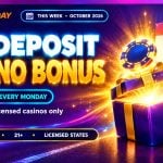Tear-off calendar with a check mark and a gift box releasing light for the best no deposit casino bonus this week