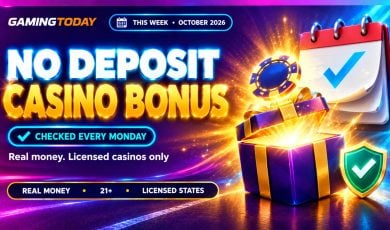 Tear-off calendar with a check mark and a gift box releasing light for the best no deposit casino bonus this week