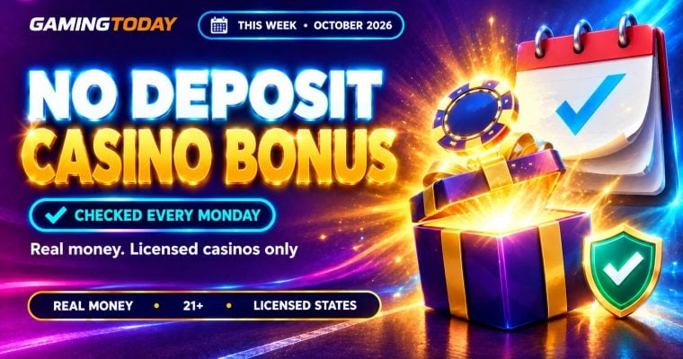 Tear-off calendar with a check mark and a gift box releasing light for the best no deposit casino bonus this week