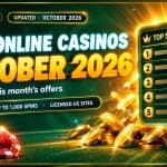 Gold coins cascading past a glowing leaderboard panel and casino chips on green for the best online casinos in October 2026