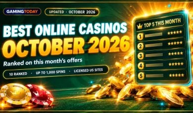 Gold coins cascading past a glowing leaderboard panel and casino chips on green for the best online casinos in October 2026