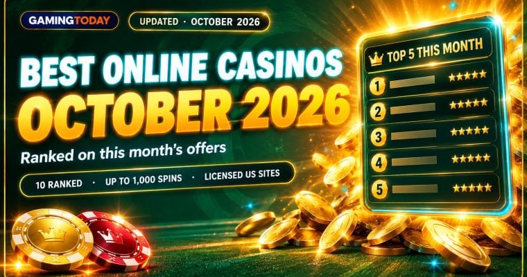 Gold coins cascading past a glowing leaderboard panel and casino chips on green for the best online casinos in October 2026
