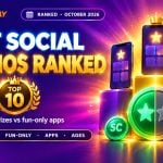 Podium with three phones and a coin split between green and grey for the best social casinos ranked October 2026