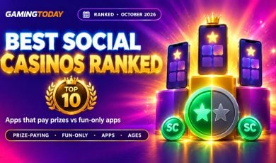 Podium with three phones and a coin split between green and grey for the best social casinos ranked October 2026