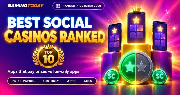 Podium with three phones and a coin split between green and grey for the best social casinos ranked October 2026