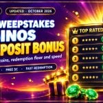 Gold trophy beside a ranked star-rating card with green sweeps coins for the best sweepstakes casinos USA no deposit bonus