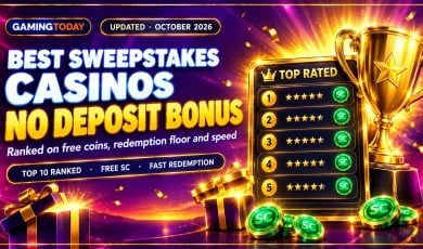Gold trophy beside a ranked star-rating card with green sweeps coins for the best sweepstakes casinos USA no deposit bonus