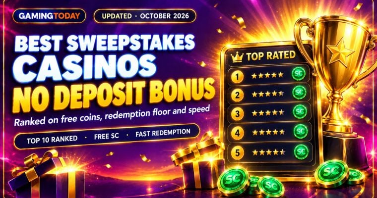 Gold trophy beside a ranked star-rating card with green sweeps coins for the best sweepstakes casinos USA no deposit bonus
