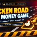 Road with stepping tiles, a chicken icon and a crimson no entry badge for the Chicken Road real money game legality check