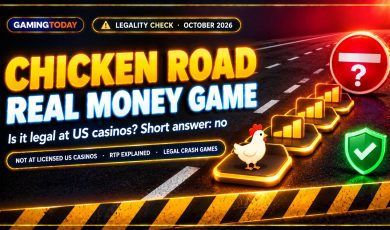 Road with stepping tiles, a chicken icon and a crimson no entry badge for the Chicken Road real money game legality check