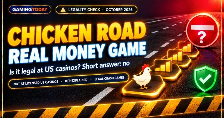 Road with stepping tiles, a chicken icon and a crimson no entry badge for the Chicken Road real money game legality check