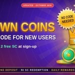 Glossy gold crown on a stack of coins with green sweeps coins on a royal purple background for Crown Coins promo code for new users