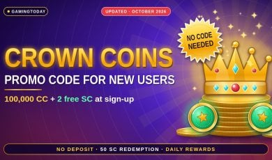 Glossy gold crown on a stack of coins with green sweeps coins on a royal purple background for Crown Coins promo code for new users
