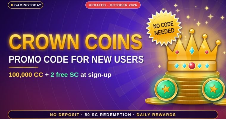 Glossy gold crown on a stack of coins with green sweeps coins on a royal purple background for Crown Coins promo code for new users