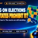 US map with amber hatched states and green states beside a gavel and scale for which states prohibit election betting