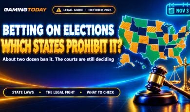 US map with amber hatched states and green states beside a gavel and scale for which states prohibit election betting