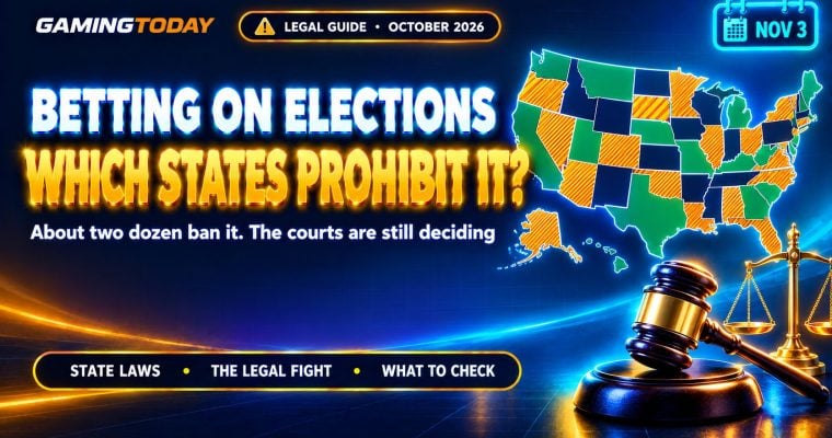 US map with amber hatched states and green states beside a gavel and scale for which states prohibit election betting