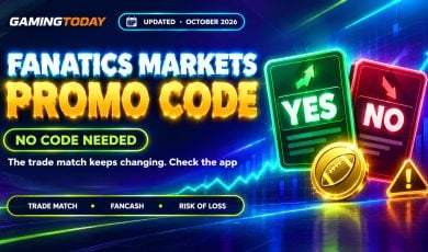 Green and red contract cards above a rising chart line with a gold coin for the Fanatics Markets promo code