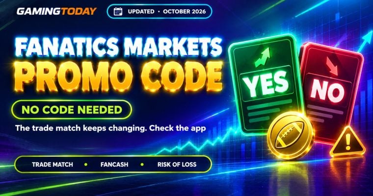 Green and red contract cards above a rising chart line with a gold coin for the Fanatics Markets promo code