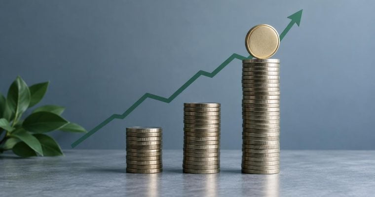 Three stacks of gold coins of increasing height are arranged in front of an upward-trending green line graph against a grey background.