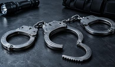 A pair of metal handcuffs lies on a dark, textured surface next to a flashlight and a piece of tactical equipment.