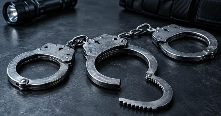 A pair of metal handcuffs lies on a dark, textured surface next to a flashlight and a piece of tactical equipment.
