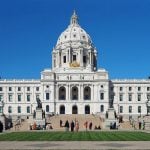 Minnesota State Capitol: Minnesota State Capitol, 75 Rev Dr Martin Luther King Jr Blvd, St Paul, Minnesota, USA. Viewed from the south during a small demonstration by Somali Americans.