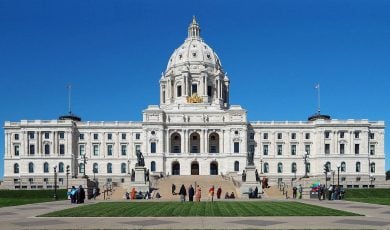 Minnesota State Capitol: Minnesota State Capitol, 75 Rev Dr Martin Luther King Jr Blvd, St Paul, Minnesota, USA. Viewed from the south during a small demonstration by Somali Americans.