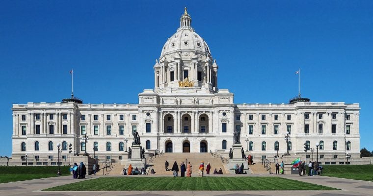 Minnesota State Capitol: Minnesota State Capitol, 75 Rev Dr Martin Luther King Jr Blvd, St Paul, Minnesota, USA. Viewed from the south during a small demonstration by Somali Americans.