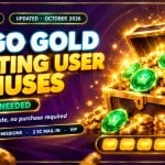 Open gold treasure chest overflowing with coins and green sweeps coins above a seven-day streak bar for GoGo Gold existing user bonuses