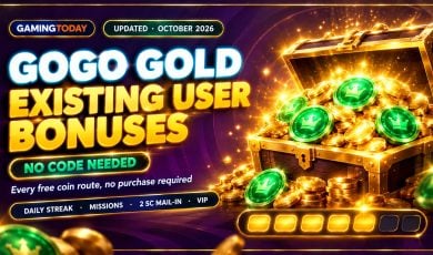 Open gold treasure chest overflowing with coins and green sweeps coins above a seven-day streak bar for GoGo Gold existing user bonuses