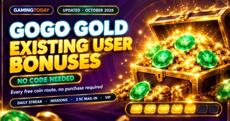 Open gold treasure chest overflowing with coins and green sweeps coins above a seven-day streak bar for GoGo Gold existing user bonuses