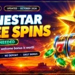 Glowing gold star above spinning slot reels and green sweeps coins on a sunset sky for LoneStar casino free spins
