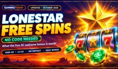 Glowing gold star above spinning slot reels and green sweeps coins on a sunset sky for LoneStar casino free spins