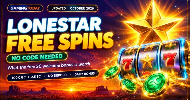 Glowing gold star above spinning slot reels and green sweeps coins on a sunset sky for LoneStar casino free spins