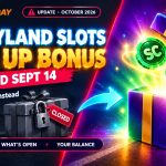 Padlocked grey gift box beside a glowing open gift box with green coins for the LuckyLand Slots sign up bonus after closure