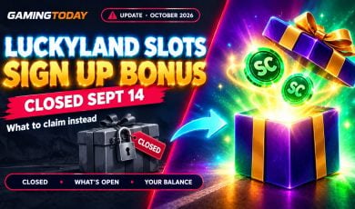 Padlocked grey gift box beside a glowing open gift box with green coins for the LuckyLand Slots sign up bonus after closure